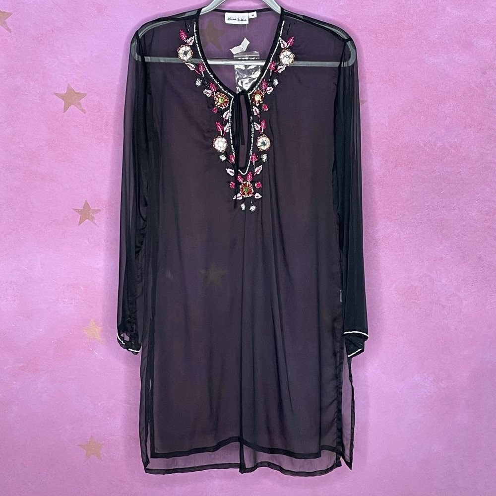 Rhona Sutton Black Beaded Swim Beach Cover Up Women’s Medium New